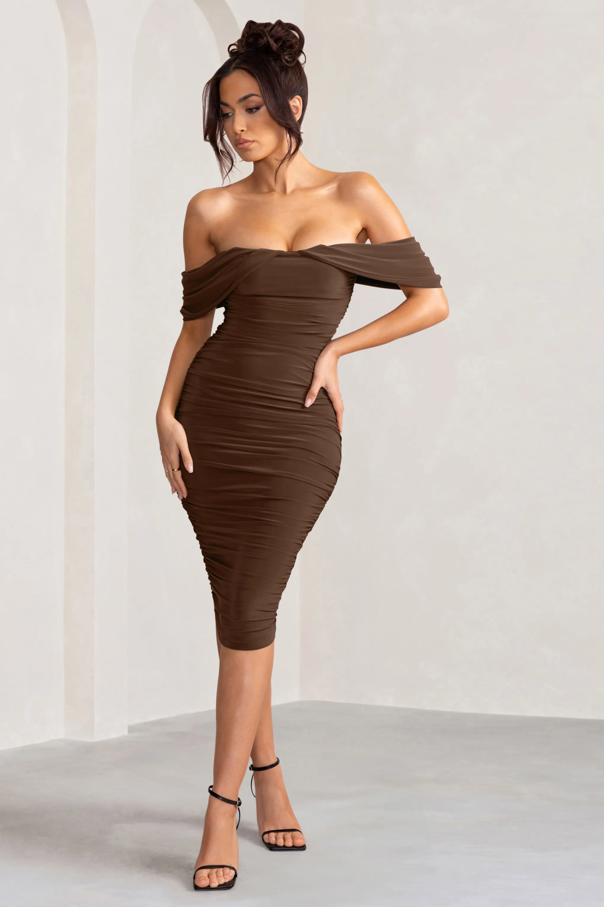 Love Me | Chocolate Off The Shoulders Ruched Midi Dress