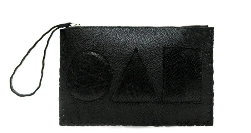 MARTE EGELE BLACK GEO FLAT POUCH, Handwoven Cross Stitch Edges