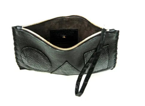 MARTE EGELE BLACK GEO FLAT POUCH, Handwoven Cross Stitch Edges