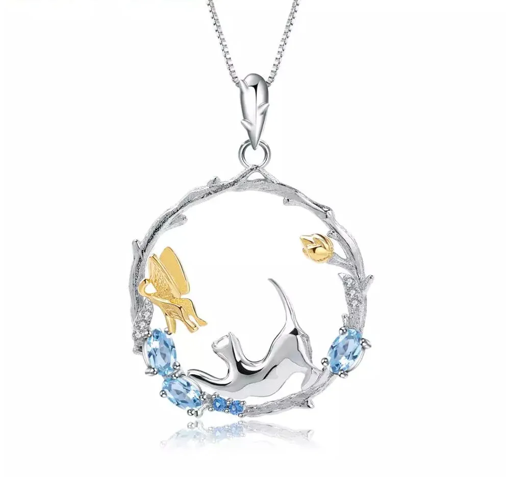 Natural Gemstone Fine Jewelry Cat Necklace in Solid 925 Sterling Silver and 18K Gold Plating