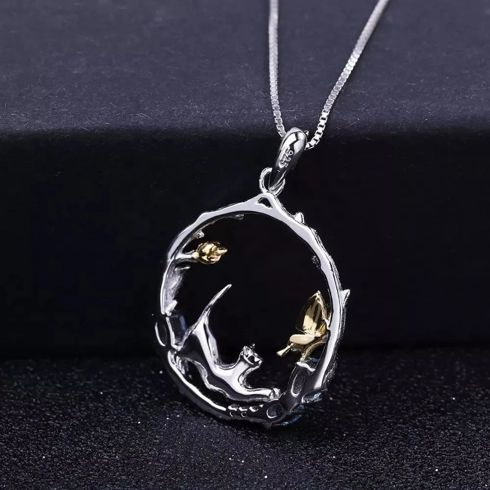 Natural Gemstone Fine Jewelry Cat Necklace in Solid 925 Sterling Silver and 18K Gold Plating