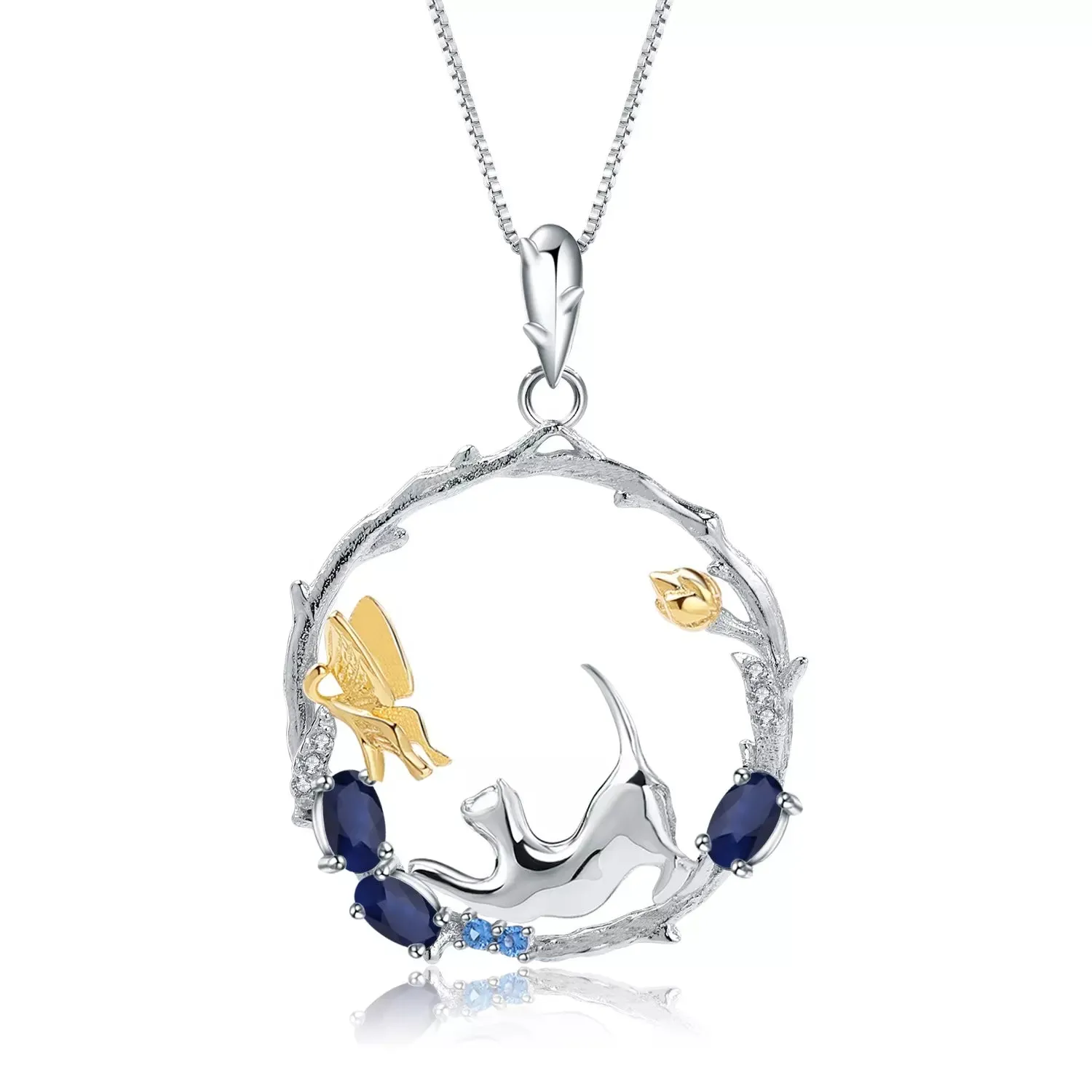 Natural Gemstone Fine Jewelry Cat Necklace in Solid 925 Sterling Silver and 18K Gold Plating