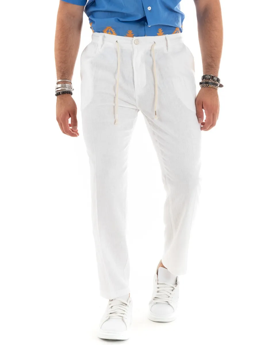 Pantaloni Uomo Lino Tasca America Basic Con Coulisse Elastico Sul Retro Casual Tinta Unita Bianco GIOSAL-P5833A