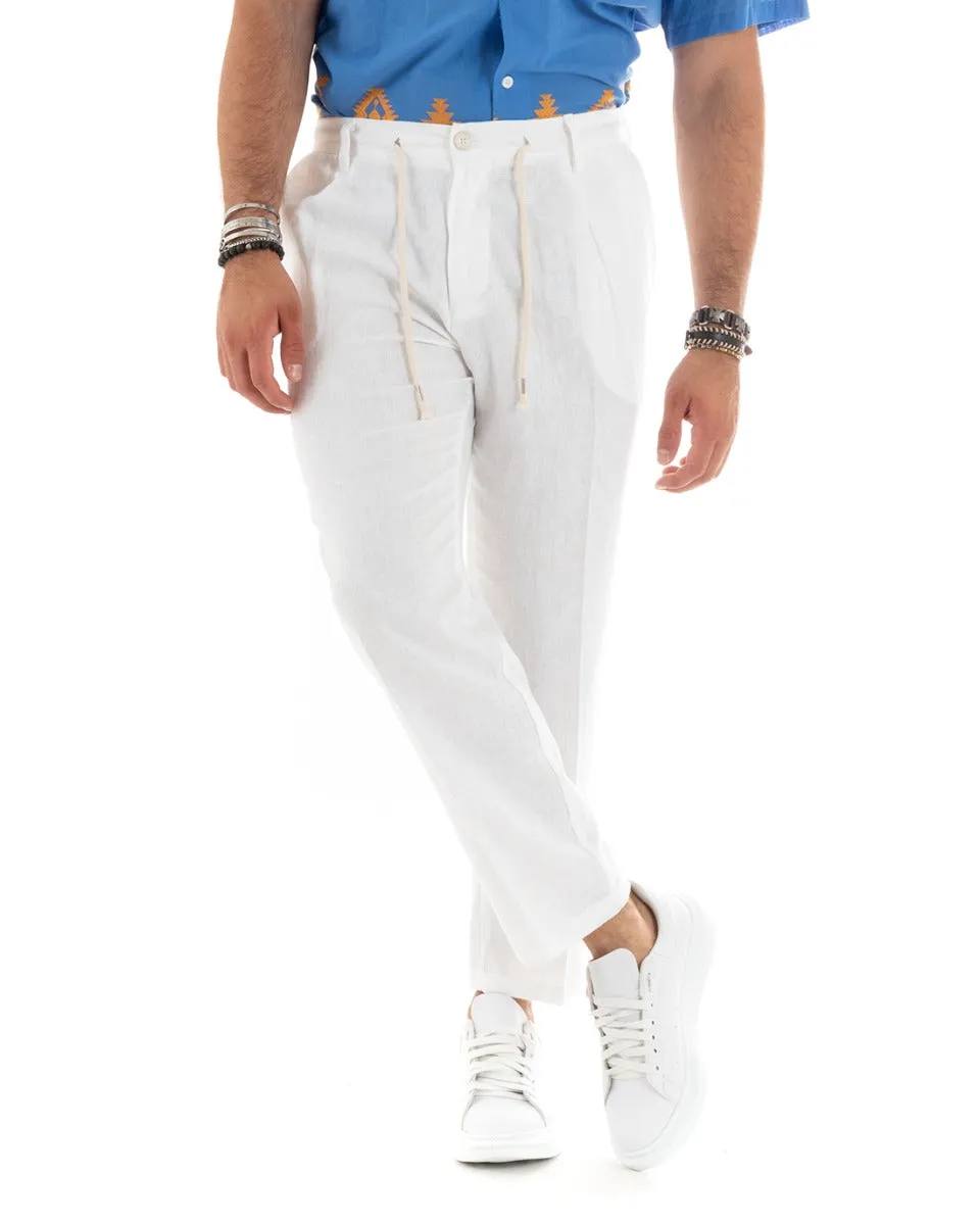 Pantaloni Uomo Lino Tasca America Basic Con Coulisse Elastico Sul Retro Casual Tinta Unita Bianco GIOSAL-P5833A