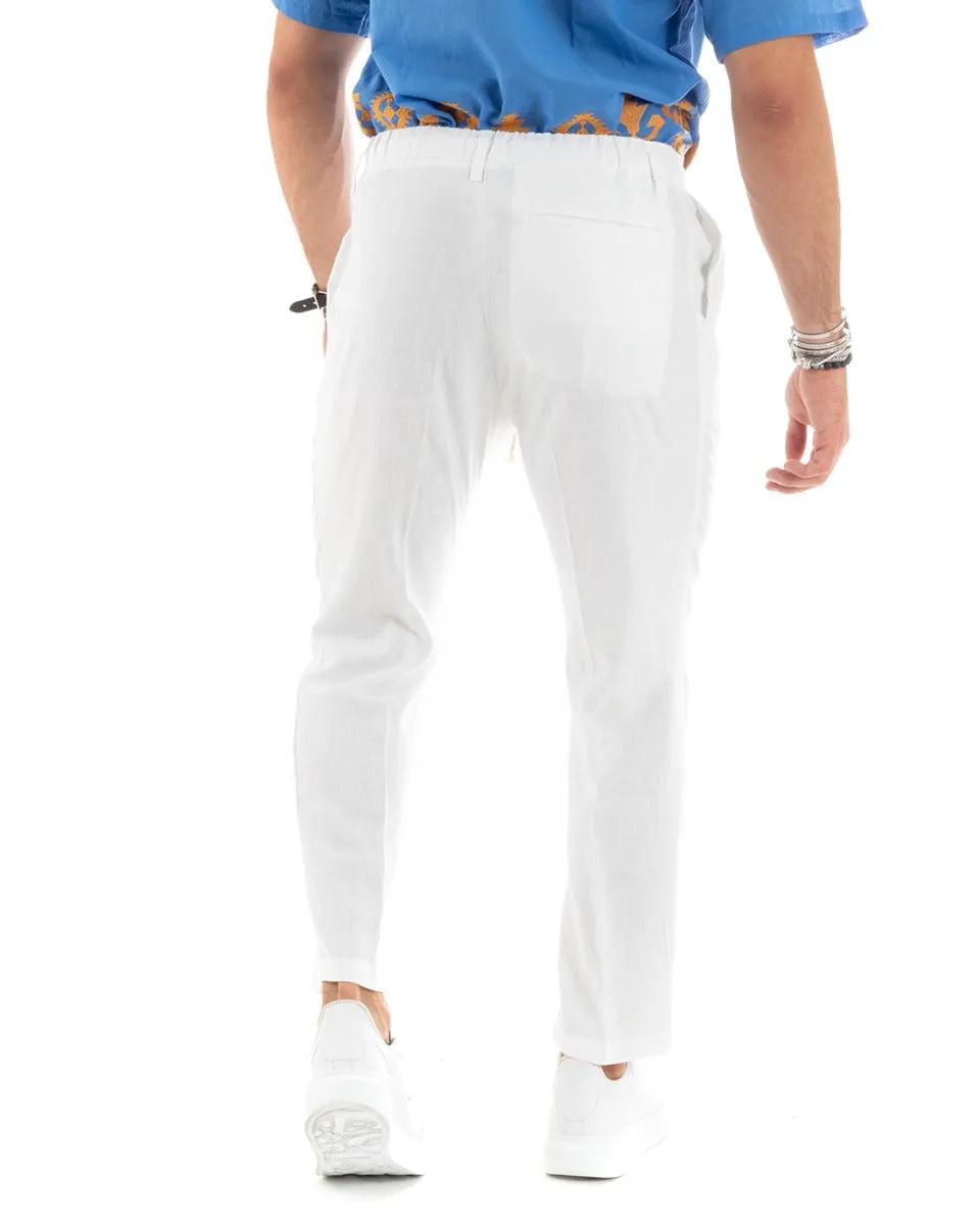 Pantaloni Uomo Lino Tasca America Basic Con Coulisse Elastico Sul Retro Casual Tinta Unita Bianco GIOSAL-P5833A