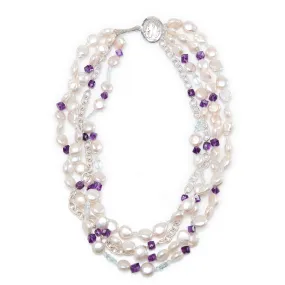 Pearl, Amethyst, Aquamarine, and Silver Necklace