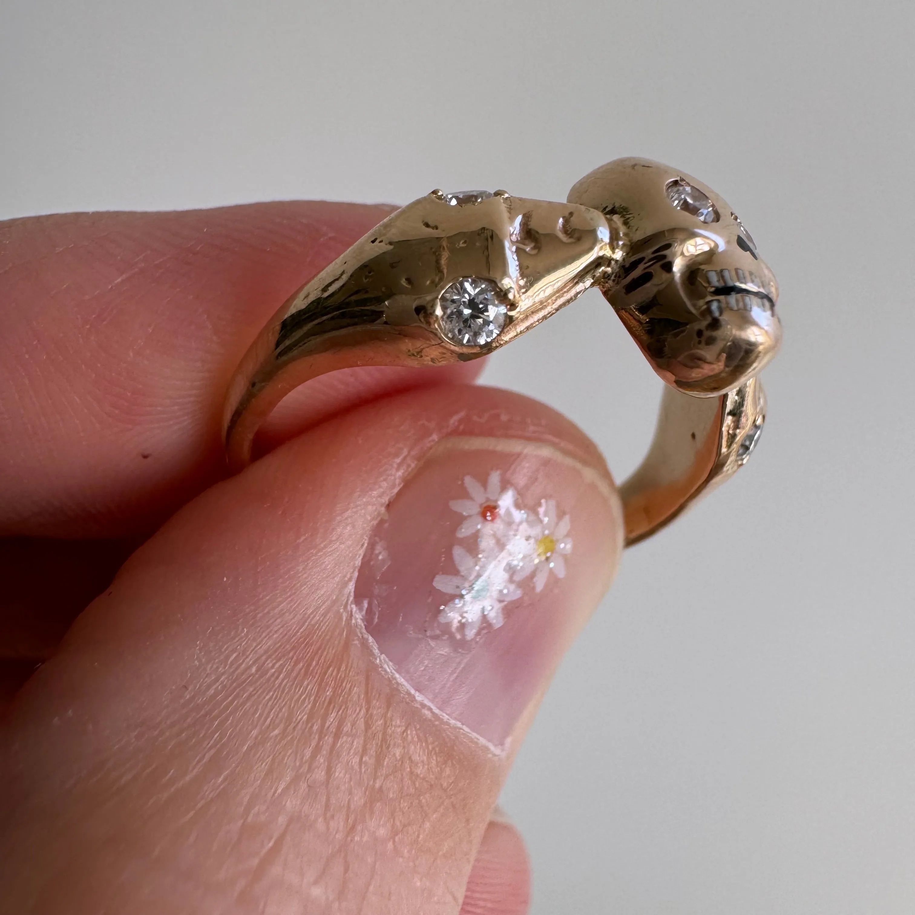 reimagined V I N T A G E // snake kisses / 14k and diamond skull and snake memento mori ring / size 7