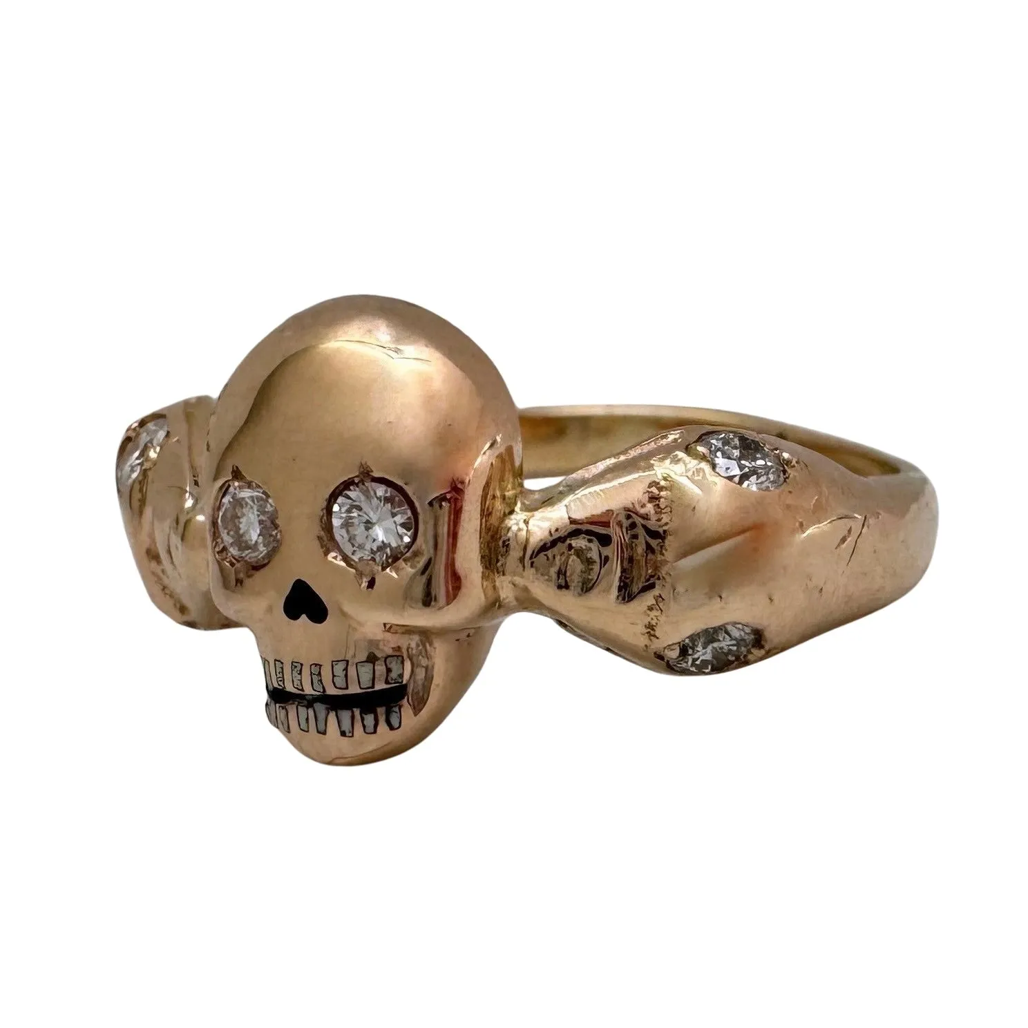 reimagined V I N T A G E // snake kisses / 14k and diamond skull and snake memento mori ring / size 7