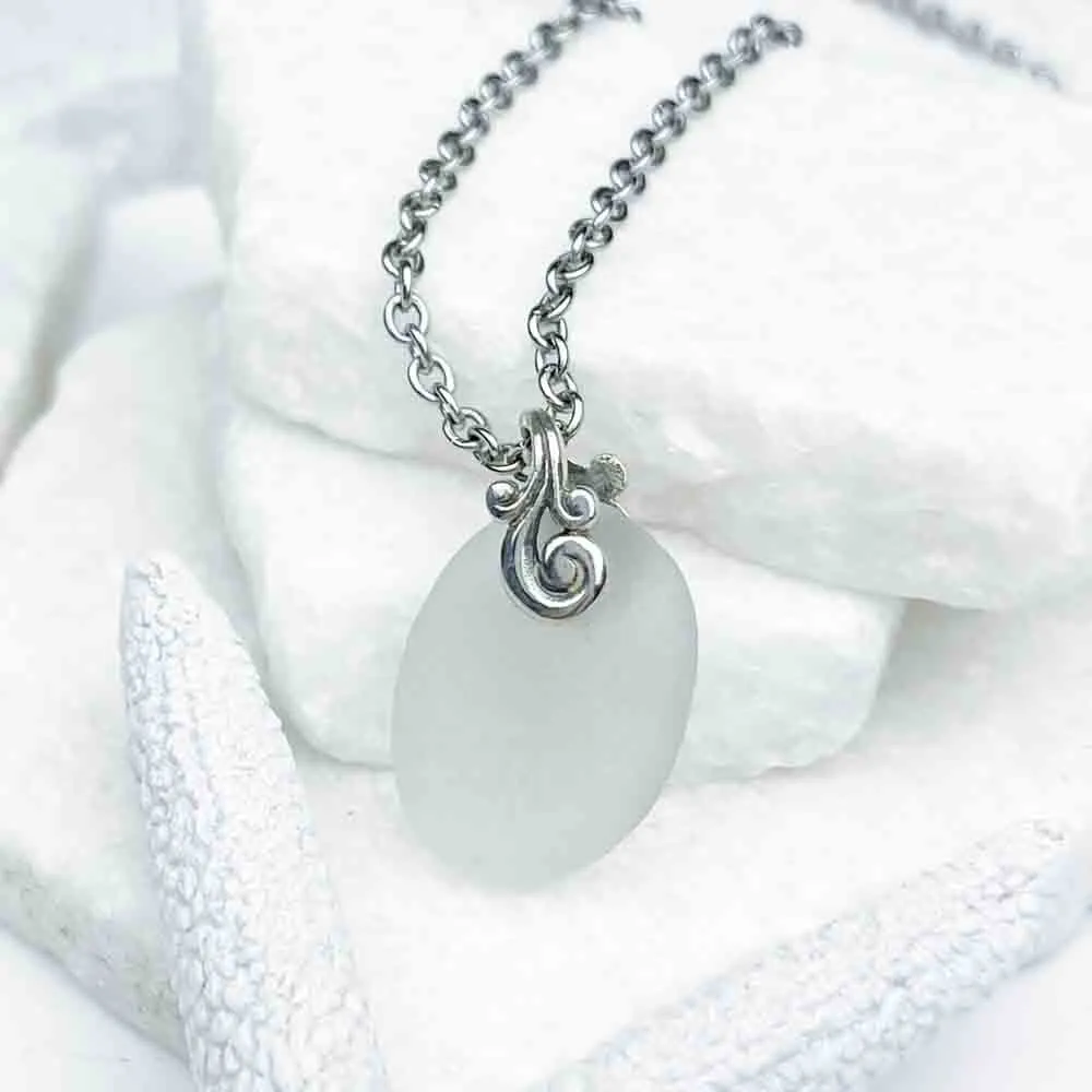 Simple Clear Sea Glass Pendant with Sterling Silver Ocean Waves Bail | #1948