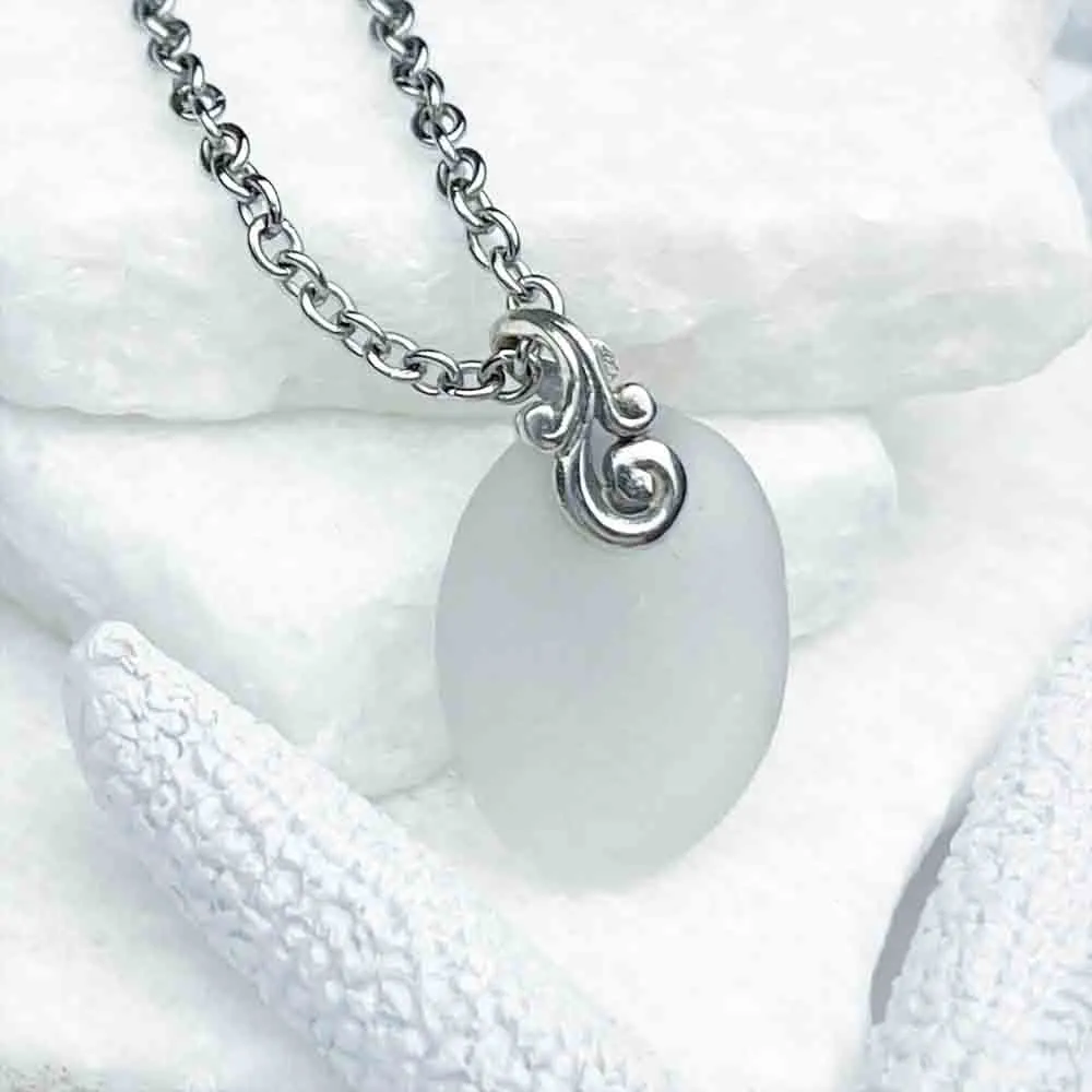 Simple Clear Sea Glass Pendant with Sterling Silver Ocean Waves Bail | #1948