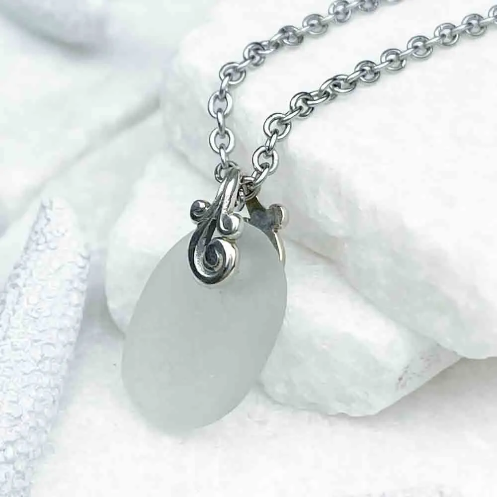 Simple Clear Sea Glass Pendant with Sterling Silver Ocean Waves Bail | #1948