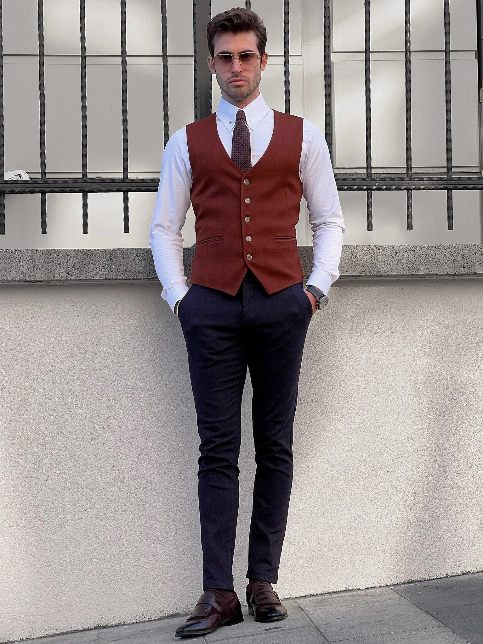 Slim Fit Wool Tile Brown Men’s Waistcoat