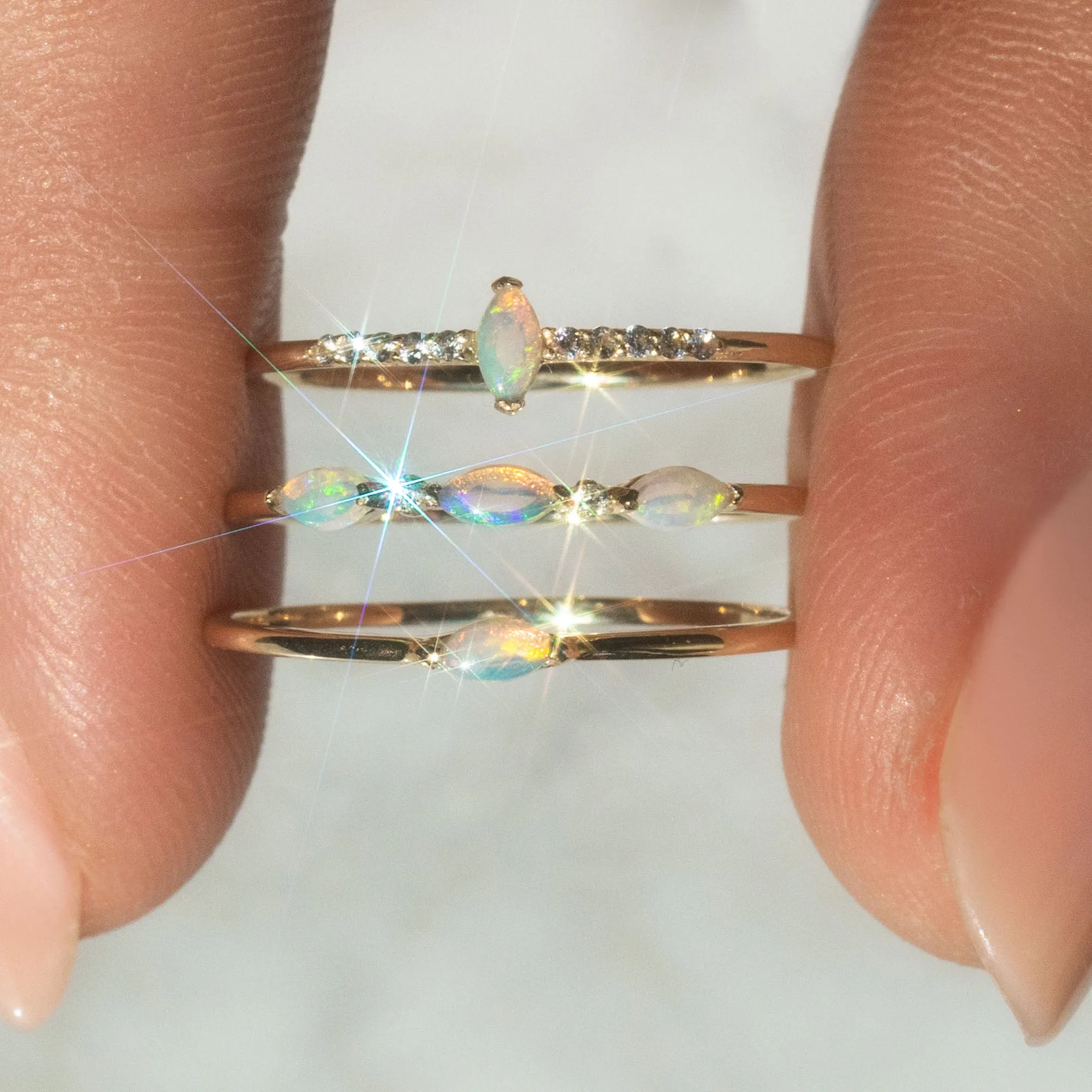 Solid Gold Triple Opal and Diamond Band