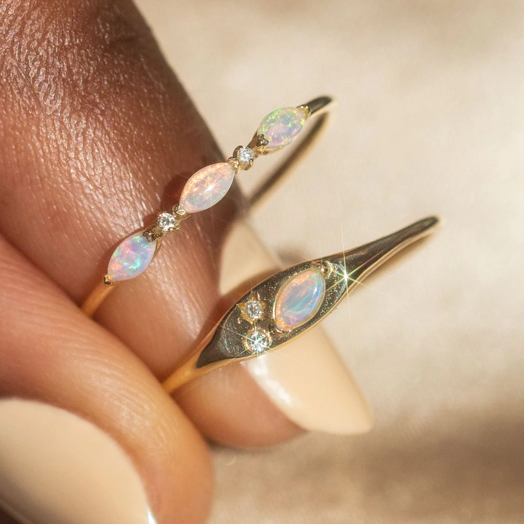 Solid Gold Triple Opal and Diamond Band