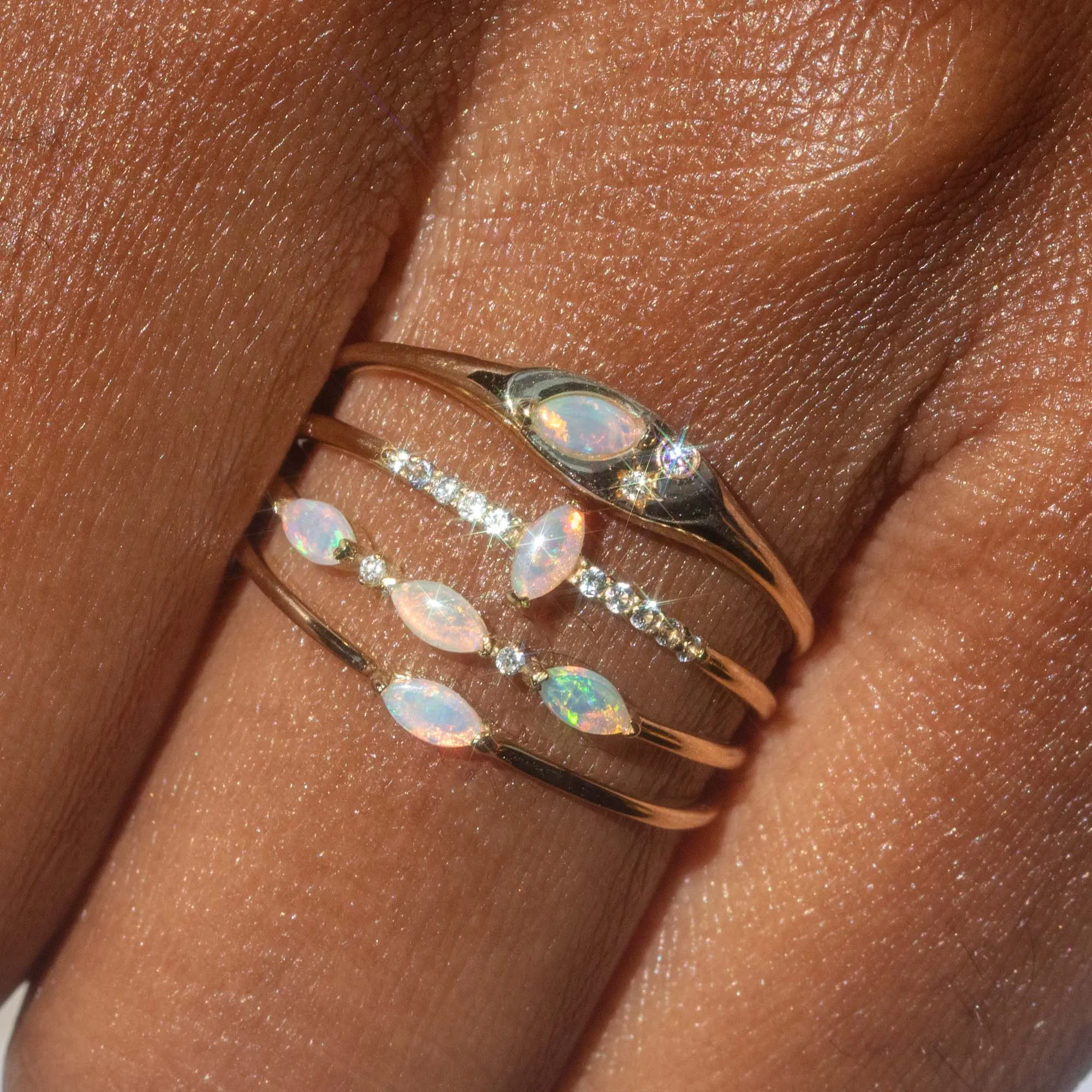 Solid Gold Triple Opal and Diamond Band