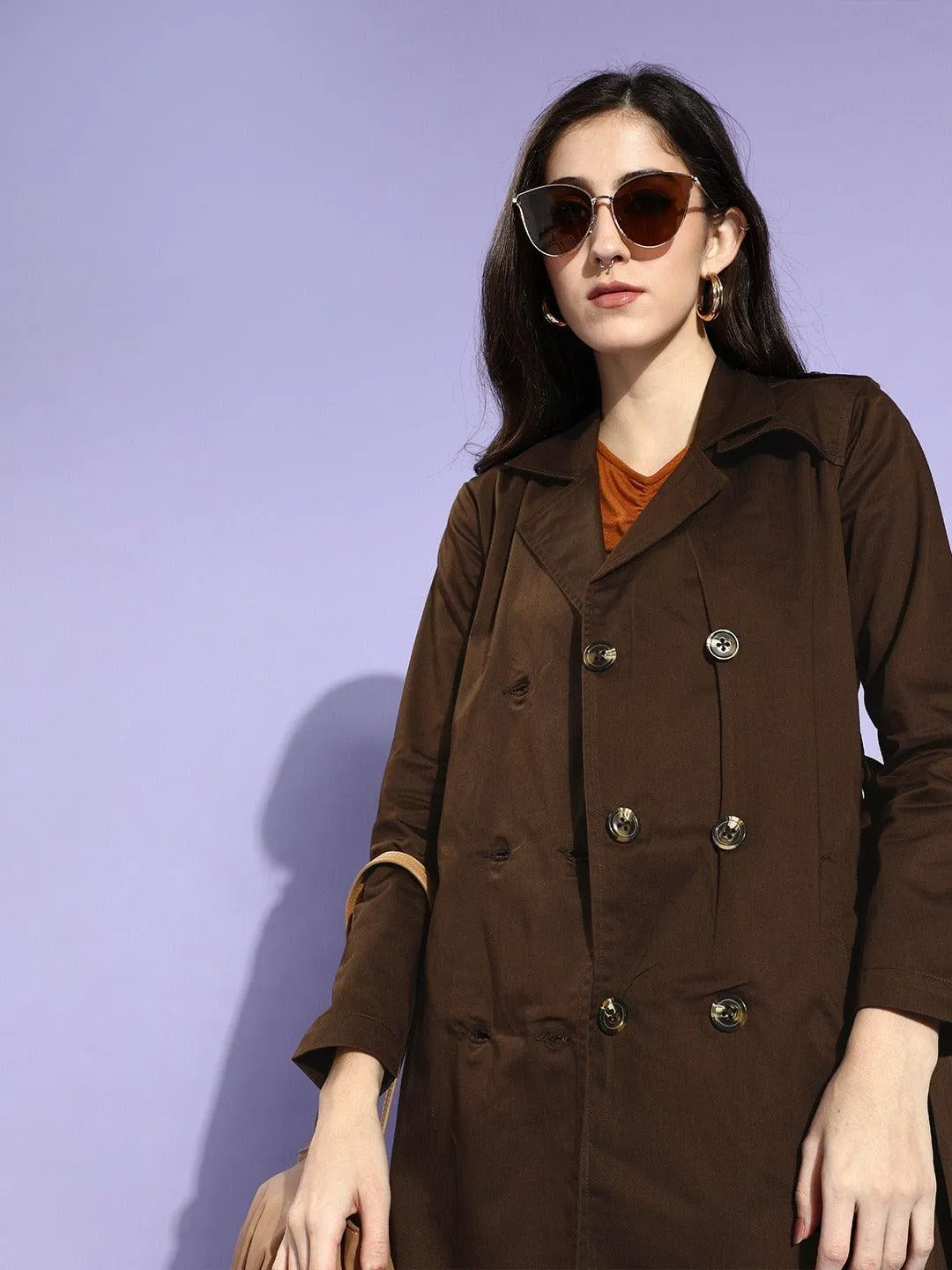 Style Quotient Women Brown Solid Double Breasted Trench Coat