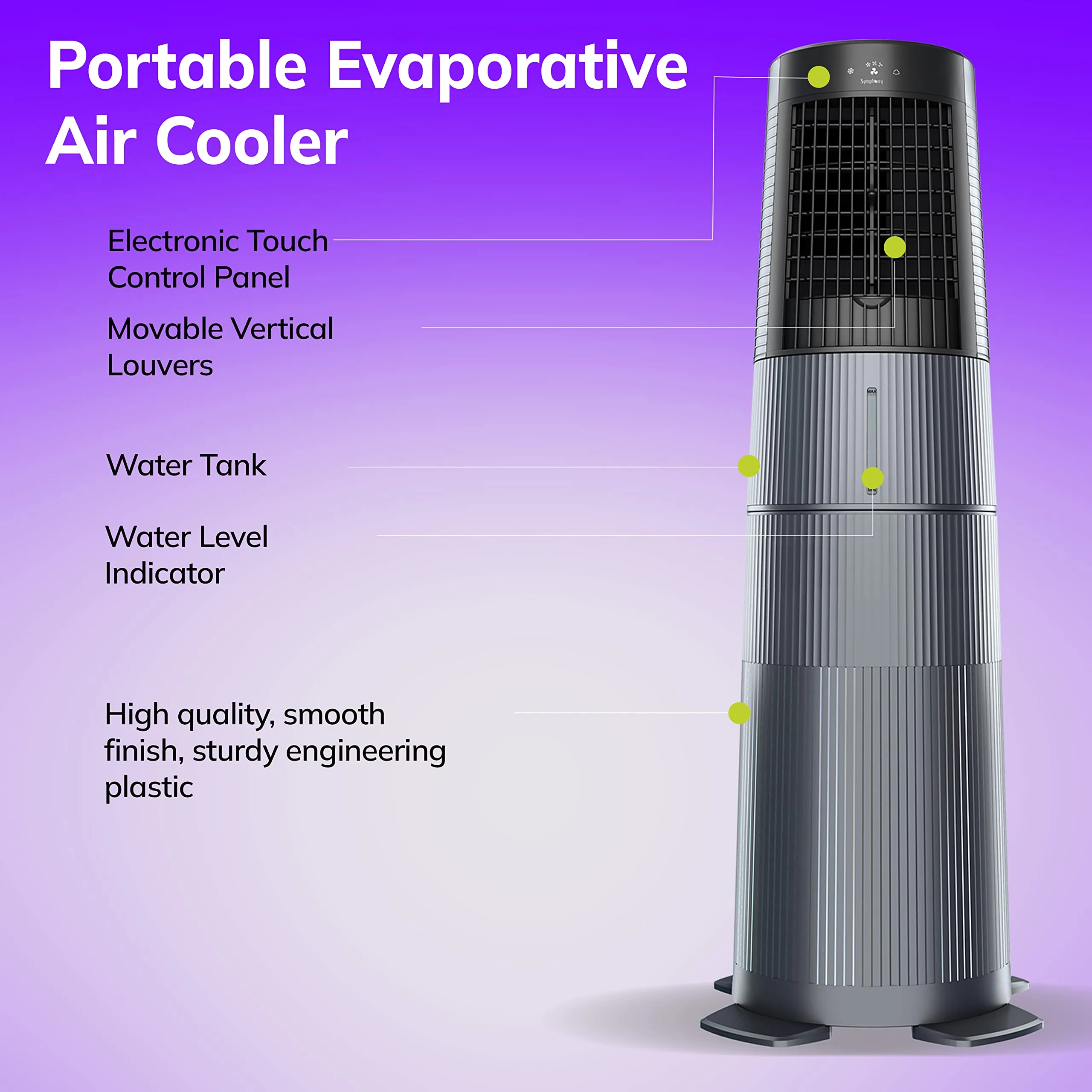 Symphony Duet i-S Personal Tower Cooling Fan For Home and Office with Honeycomb Pad, Powerful Blower, Auto Rotation and Low Power Consumption (6L, Grey)