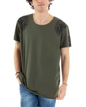 T-Shirt Uomo Mezza Manica Verde Militare Teschio Laterale Borchie Girocollo Casual Slim Tinta Unita GIOSAL