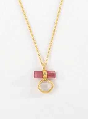 Tourmaline Bar Attached  Herkimer Quartz with Diamond Necklace