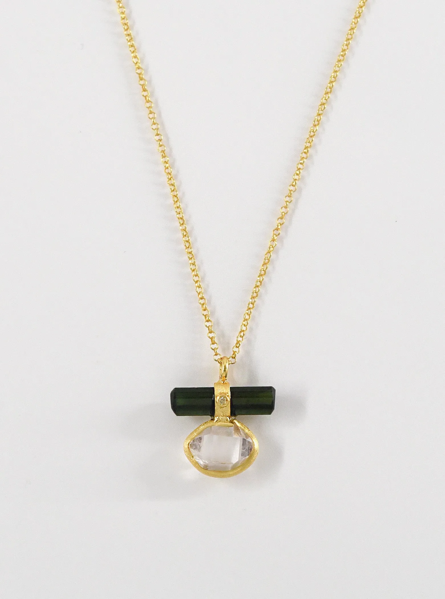 Tourmaline Bar Attached  Herkimer Quartz with Diamond Necklace