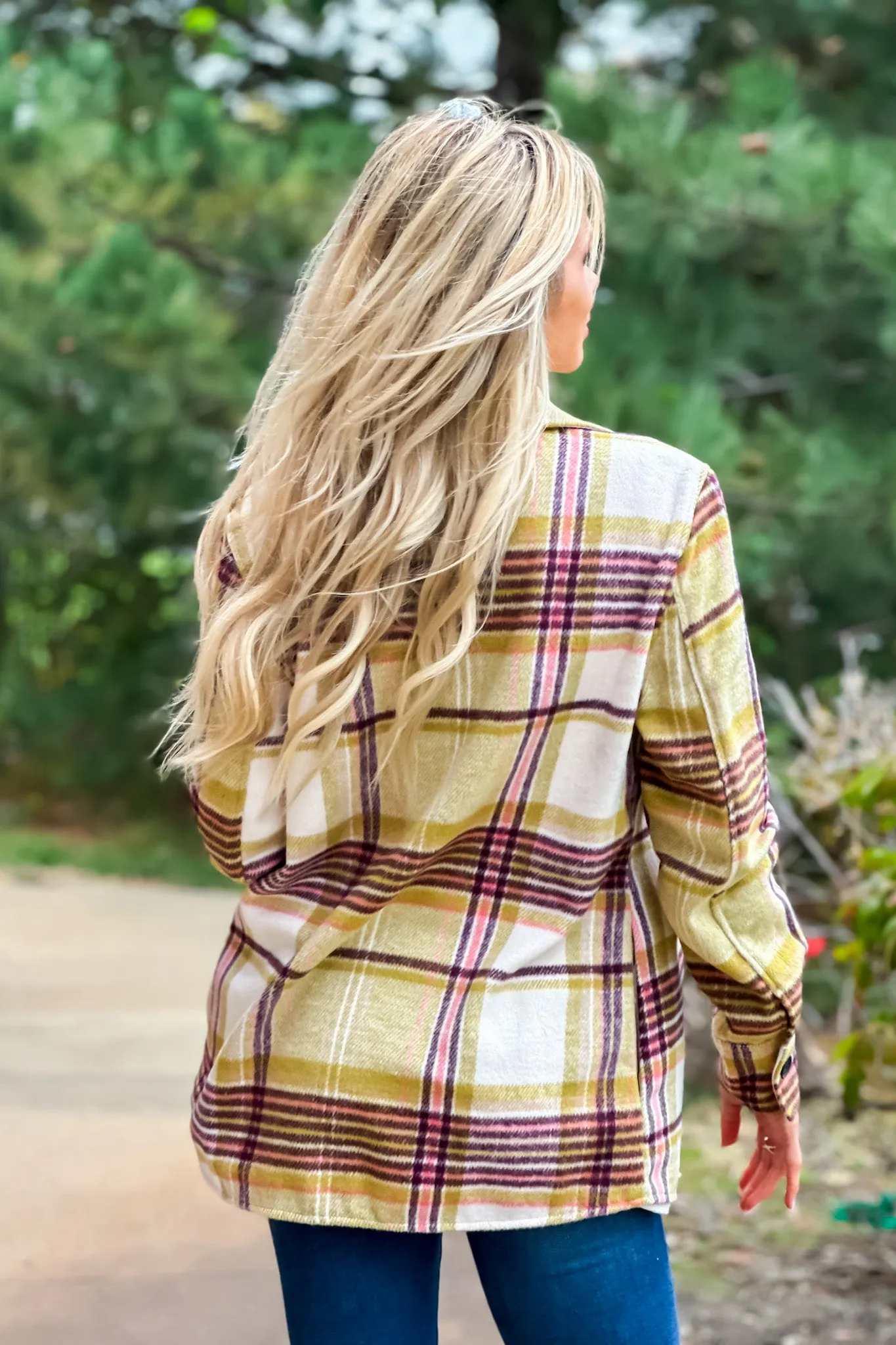 Tribal Dahlia Long Plaid Shacket : Chartreuse/Plum