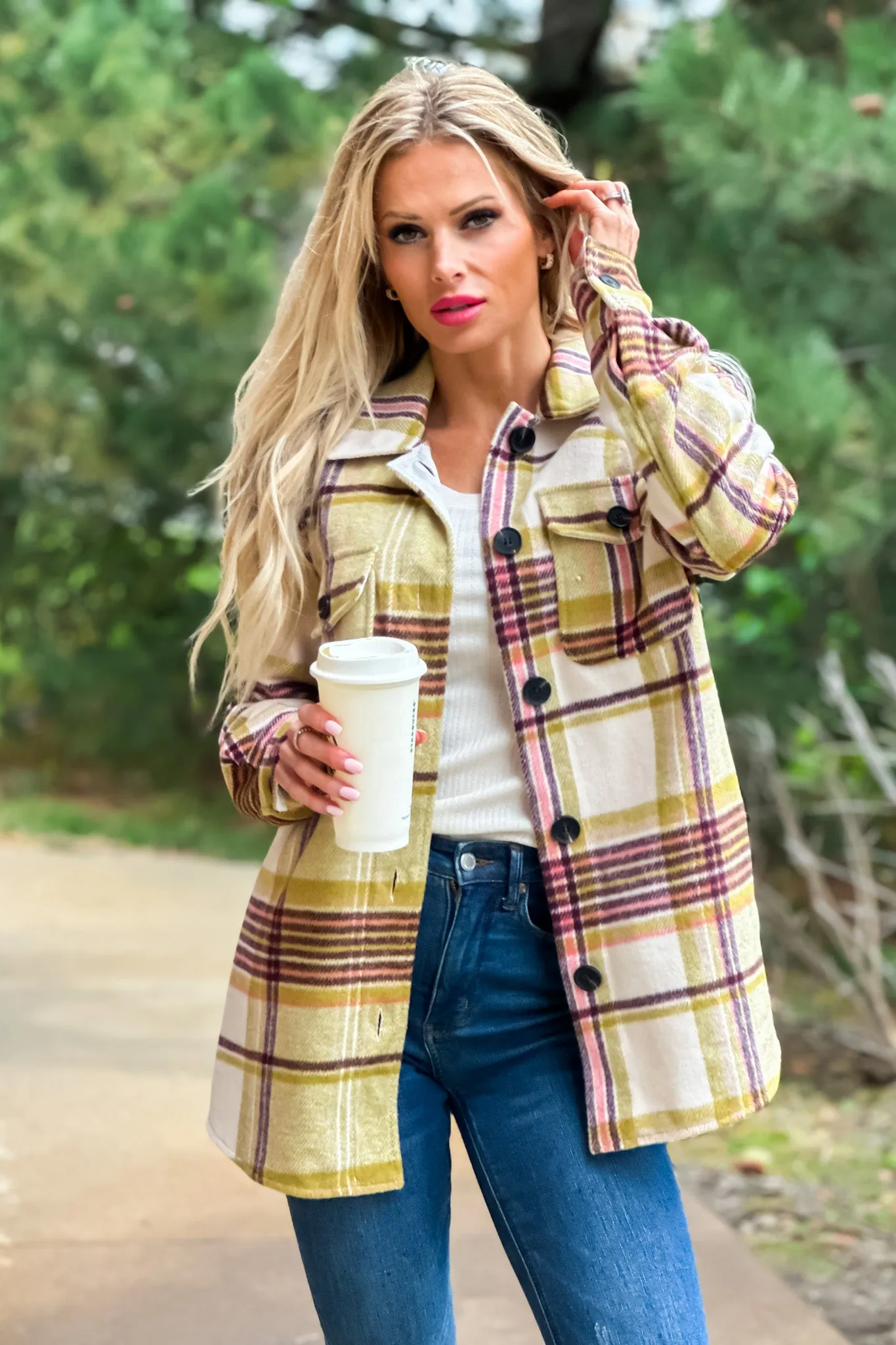 Tribal Dahlia Long Plaid Shacket : Chartreuse/Plum