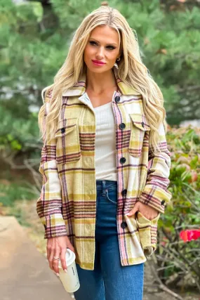 Tribal Dahlia Long Plaid Shacket : Chartreuse/Plum