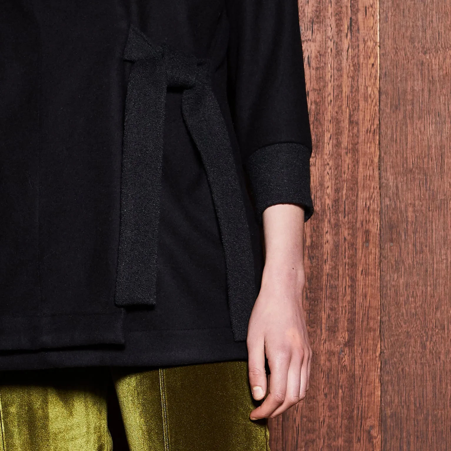 TRUFFLE COAT [ Black Wool Blend, Waist Tie Jacket ]