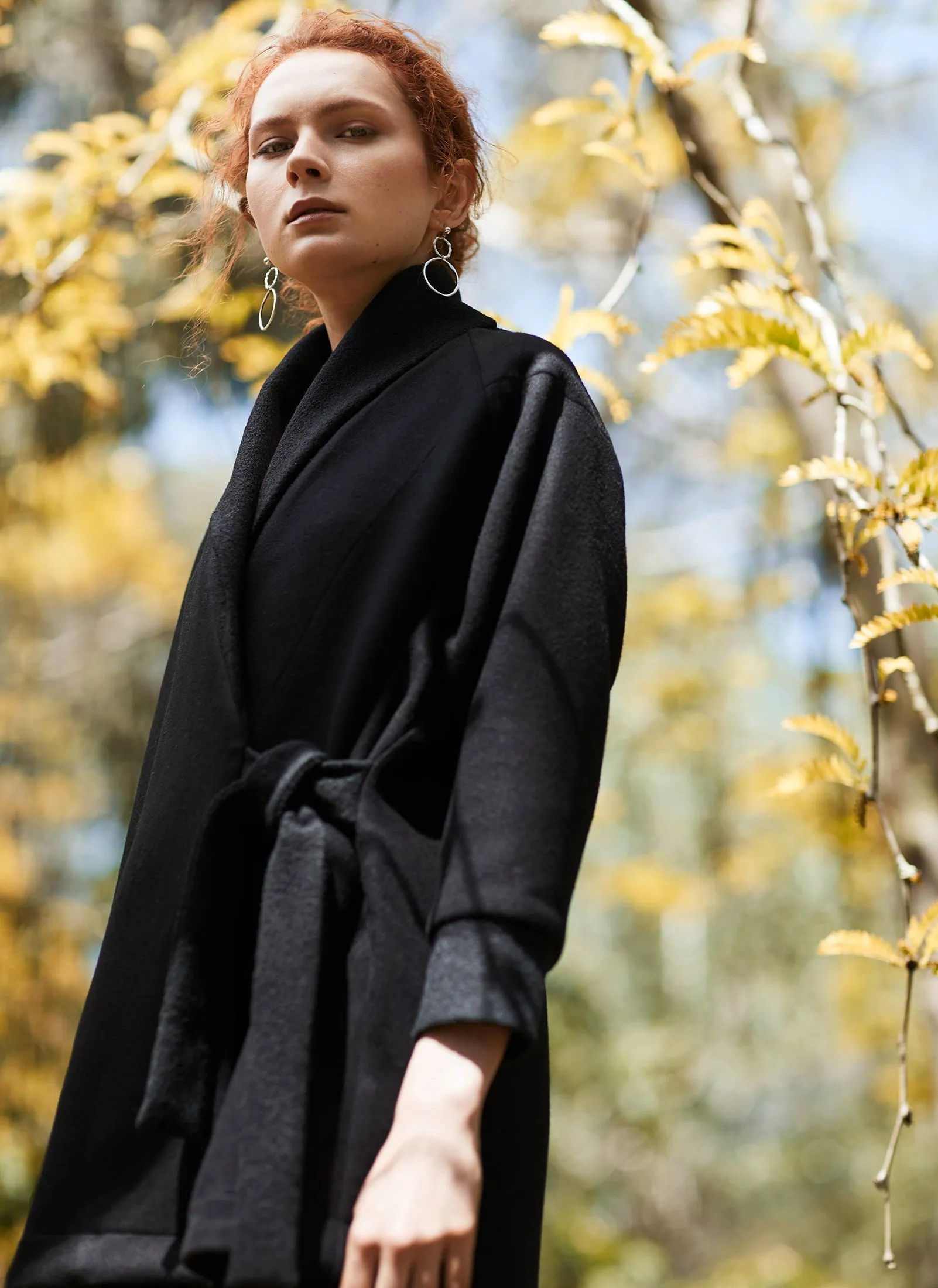 TRUFFLE COAT [ Black Wool Blend, Waist Tie Jacket ]