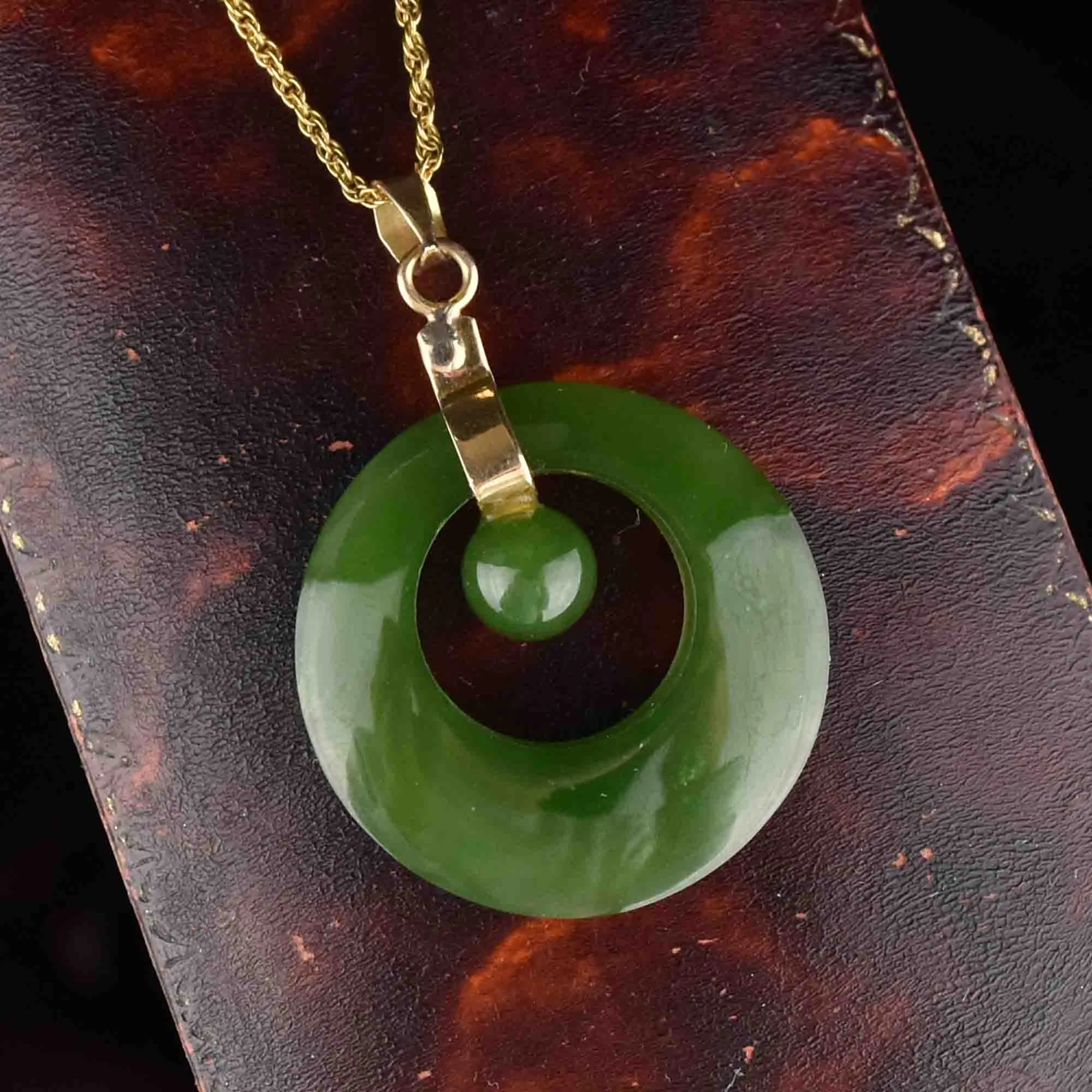 Vintage 14K Gold Jade Target Pendant Necklace