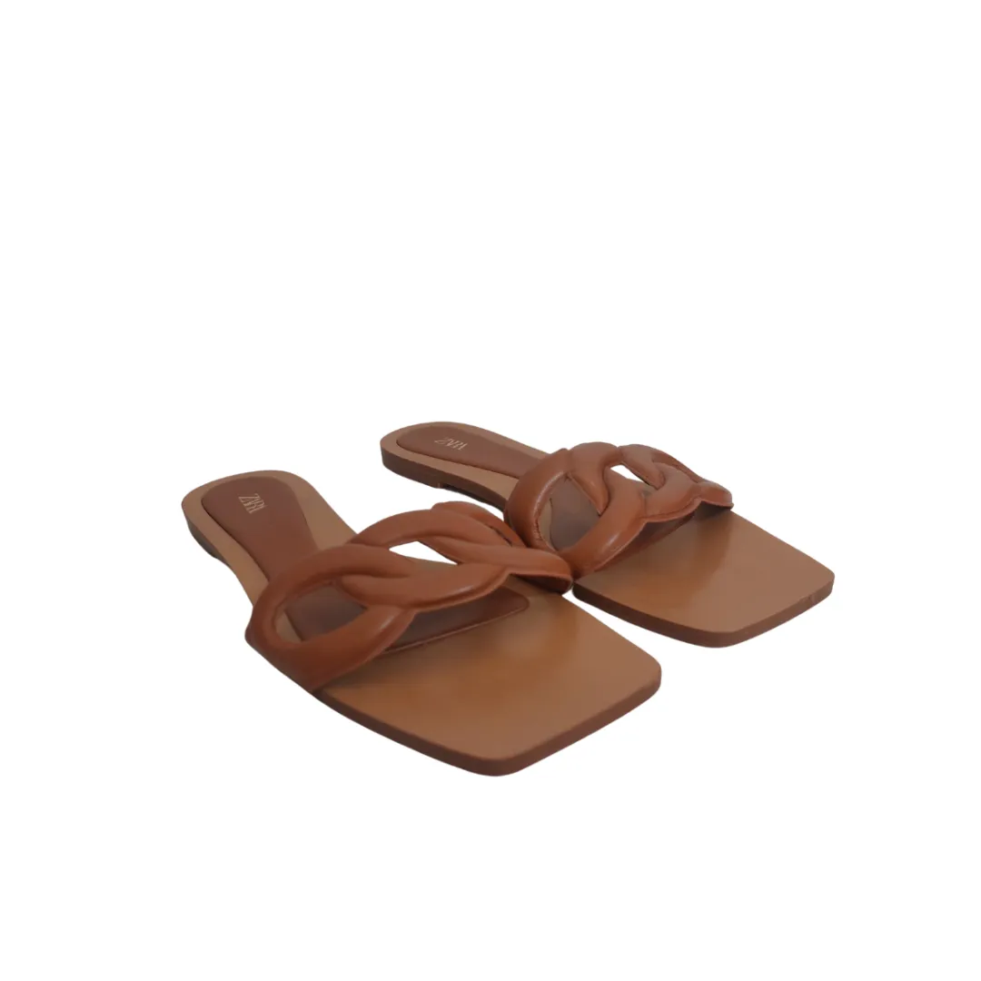 ZARA Tan Leatherette Single-strap Flat Slides | Pre loved |