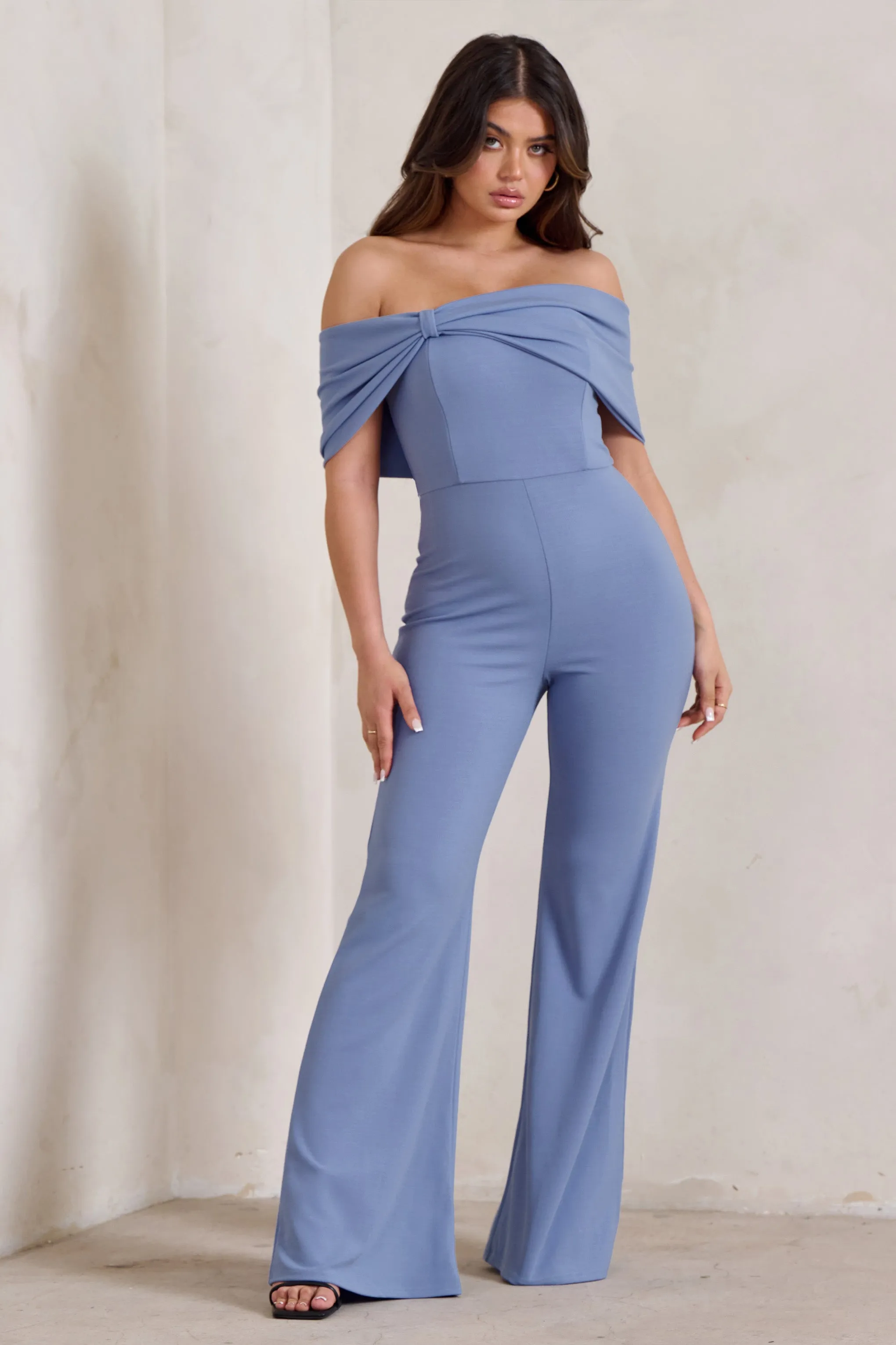 Zoey | Blue Bardot Bow Detail Jumpsuit