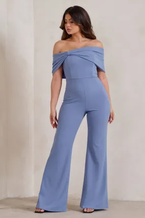 Zoey | Blue Bardot Bow Detail Jumpsuit